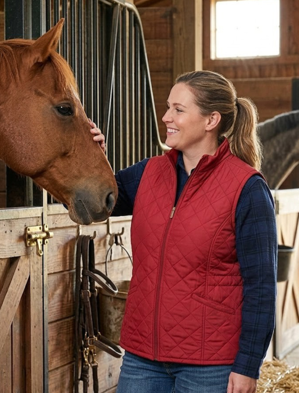 Bit & Bridle Women 1X Red Quilted Vest Fleece Lined Zip Front Pockets Equestrian